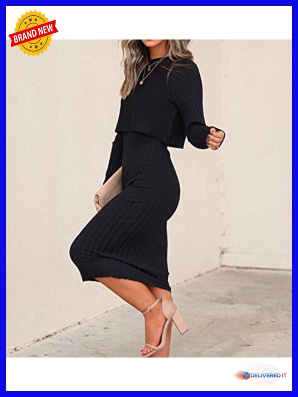 Long Sleeve Sweater Dress Set 2 Piece Crop Top Bodycon Midi Dress - Picture 2 of 6
